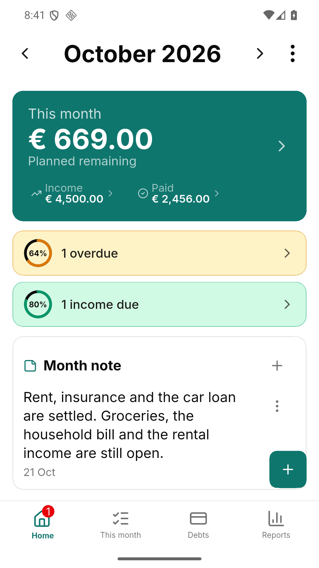 The Finanz home screen: the amount still planned for the month, entries that are overdue, income that is due, and the note of the month.