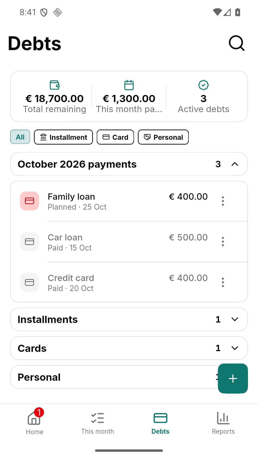 Debts: total remaining, this month’s payments, and the debts grouped by instalment, card and personal.