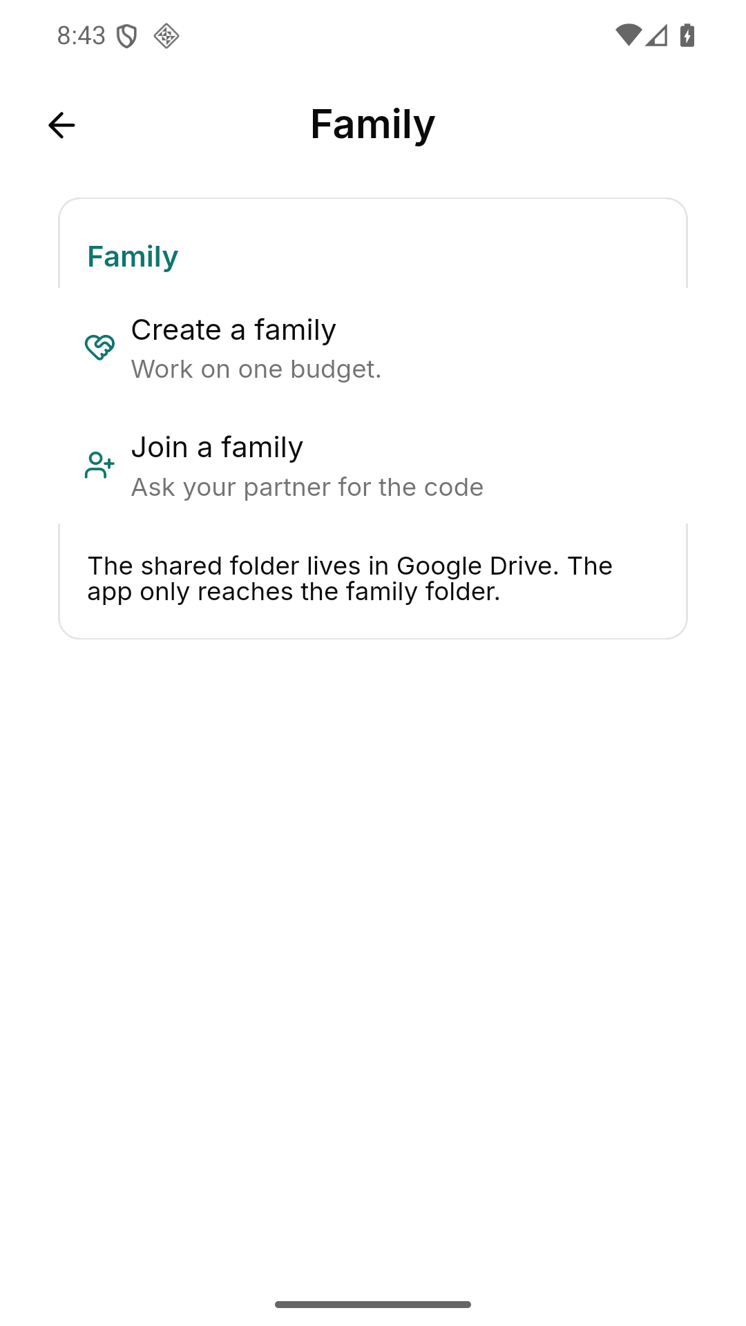 Family: create a family pool to work on one budget, or join one with a code. The shared budget lives in our own database, and the code of the household is the only key to it.